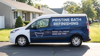 Pristine Bath Refinishing branded service van parked in a driveway