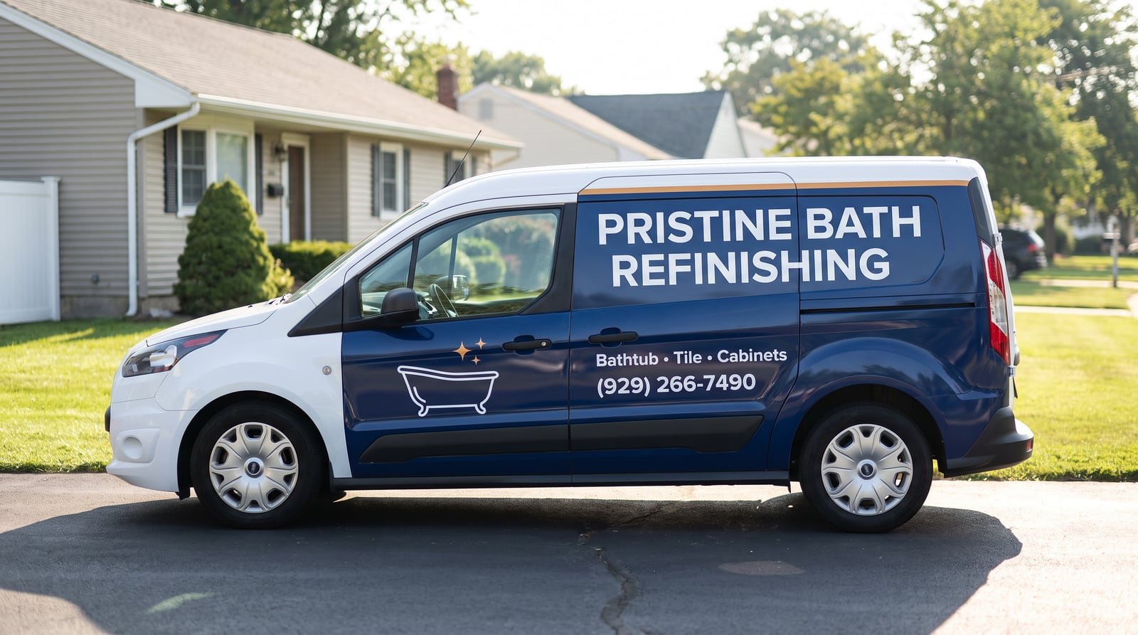Pristine Bath Refinishing branded service van parked in a driveway